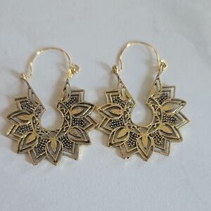 Antique Gold Mandala Hoop Earrings with Intricate Floral Design
